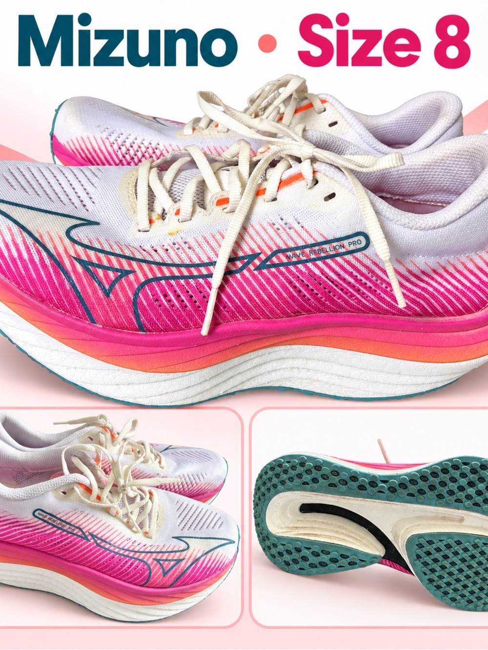 Mizuno Wave Rebellion Pro Women’s Running Shoes Pink White Size 8